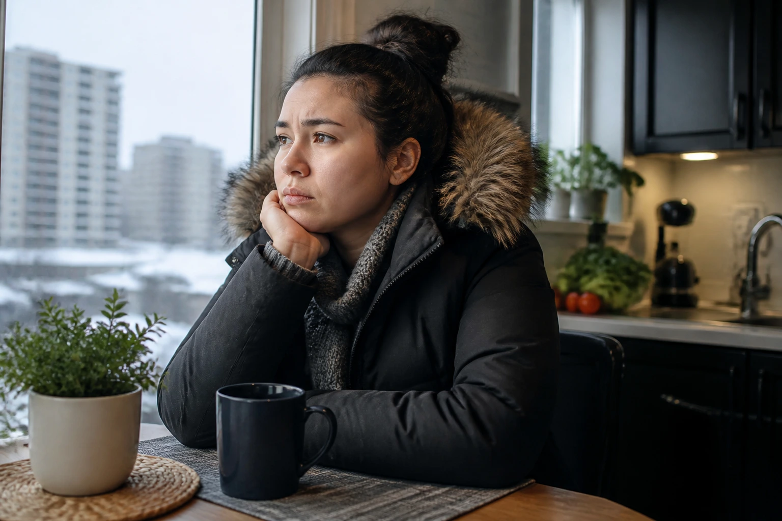Close-up of a newcomer adjusting to life in Canada in a cozy kitchen during the first month.