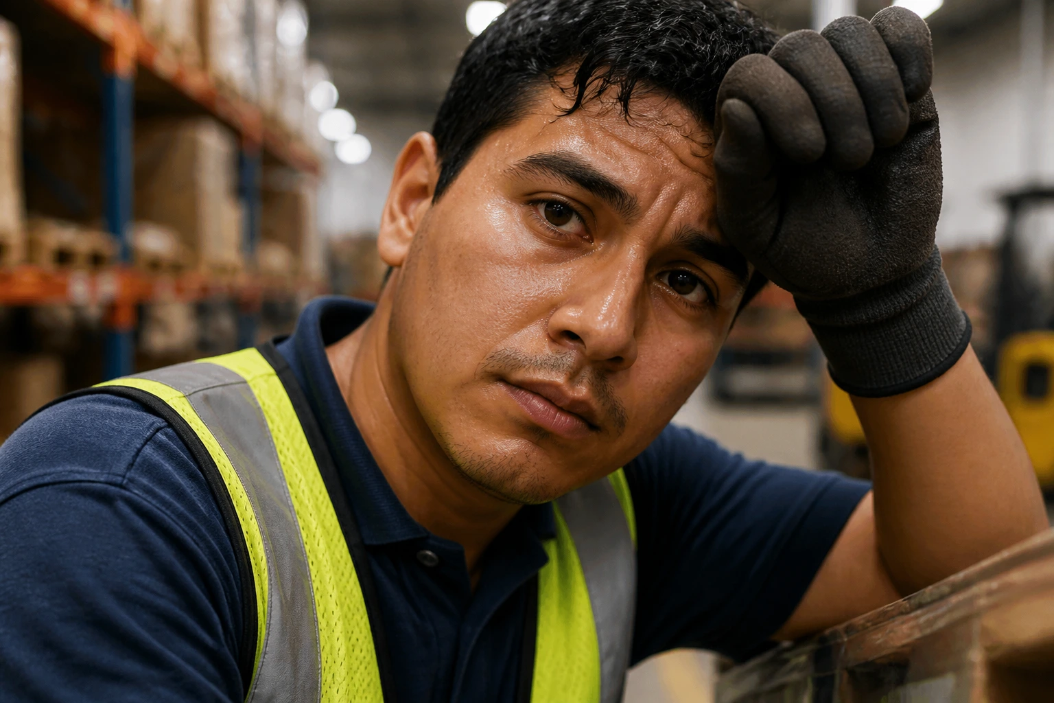 Close-up of a tired sponsored worker's face in a warehouse setting