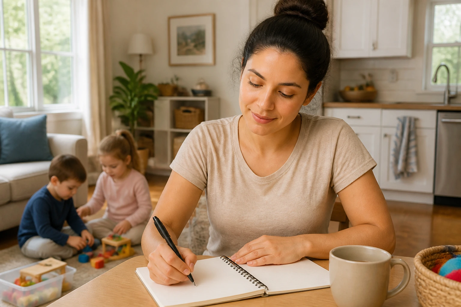Nanny writing notes in a warm home family space