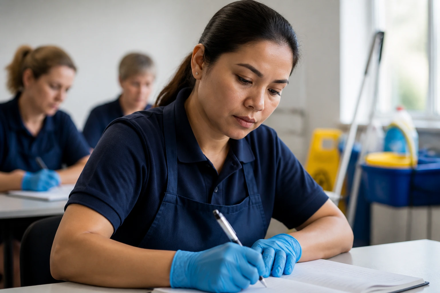 Close-up portrait of a cleaner in uniform during onboarding training