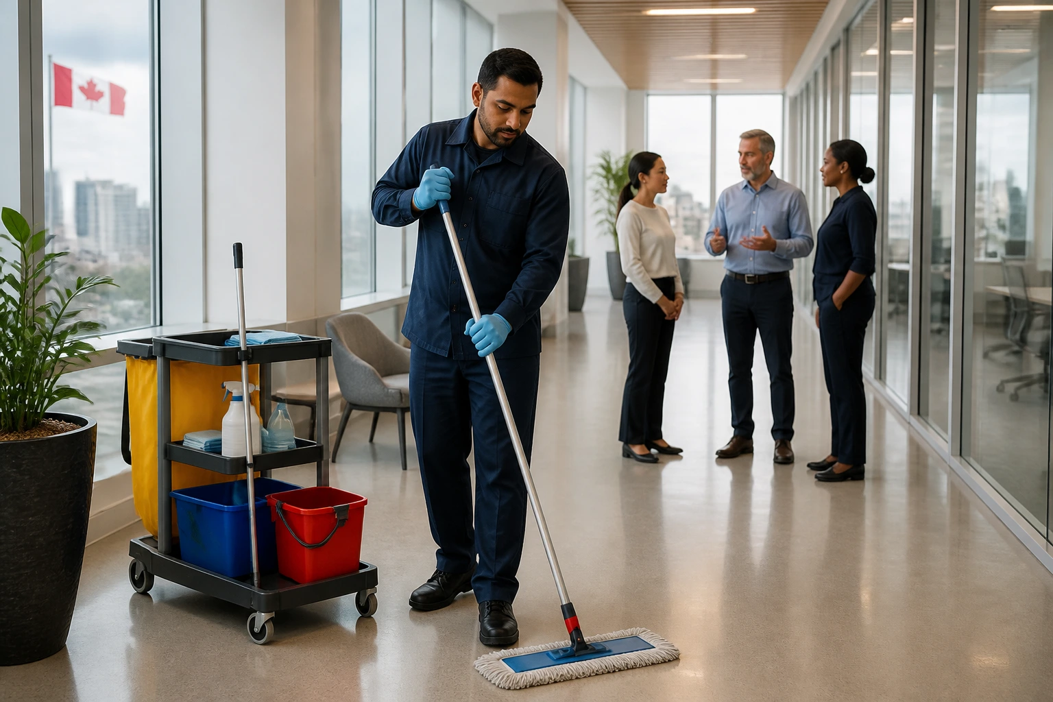Janitor in uniform cleaning in a Canadian office corridor during first week.