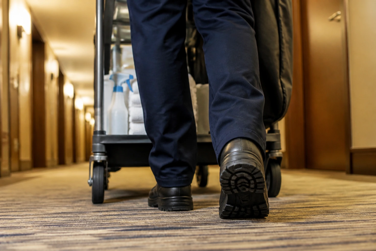 Close-up of cleaner's feet in work shoes walking in a hotel corridor