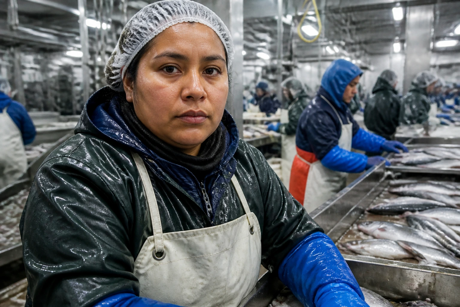 Close-up portrait of a real fish processing worker in a cold Canadian plant