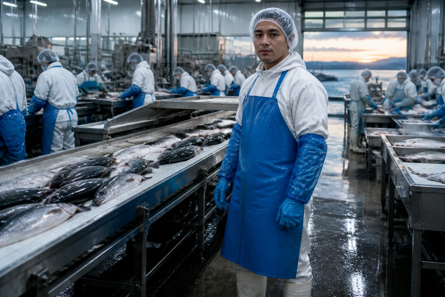 Portrait of a fish processing plant worker in full PPE