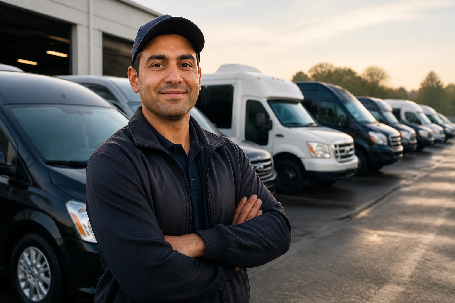 Driver in uniform in a fleet yard representing employer-driven passenger transport jobs for sponsorship