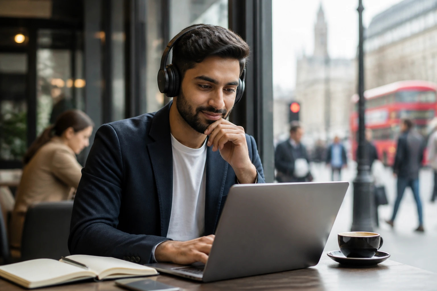 Professional using flexible work arrangement in a cafe setting.
