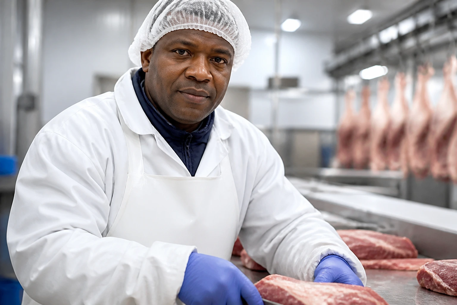 Real worker in hairnet and white coat in a meat/food processing plant