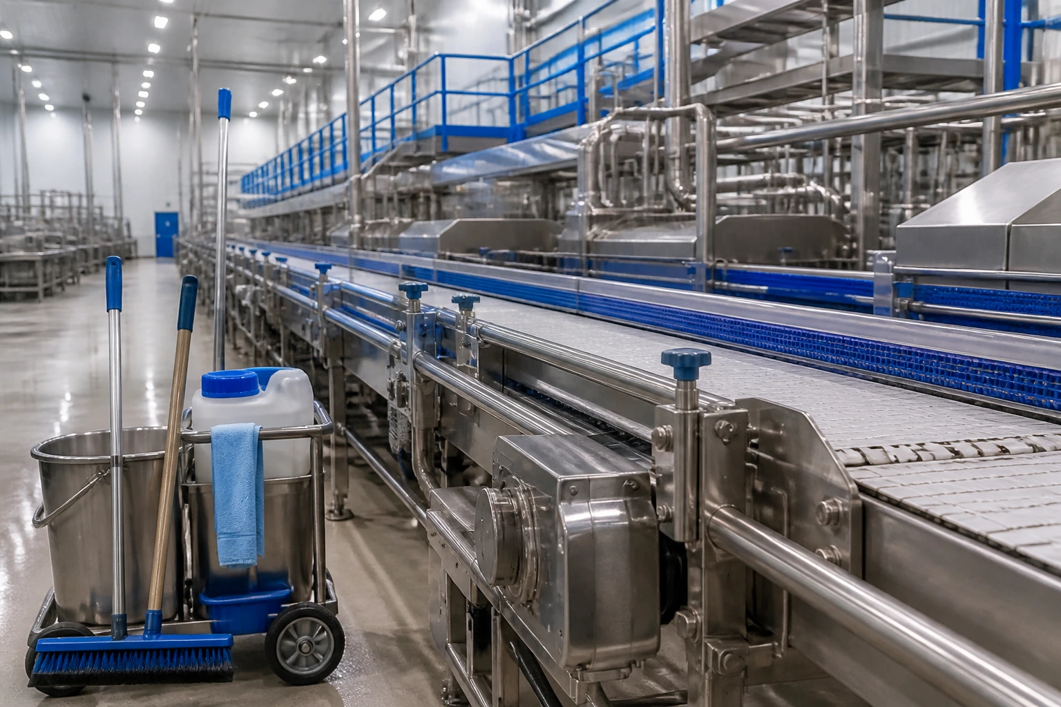 Close-up of conveyor belt and cleaning equipment in a food processing plant