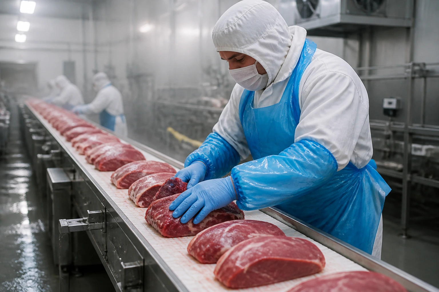 Worker in PPE on a cold meat production line
