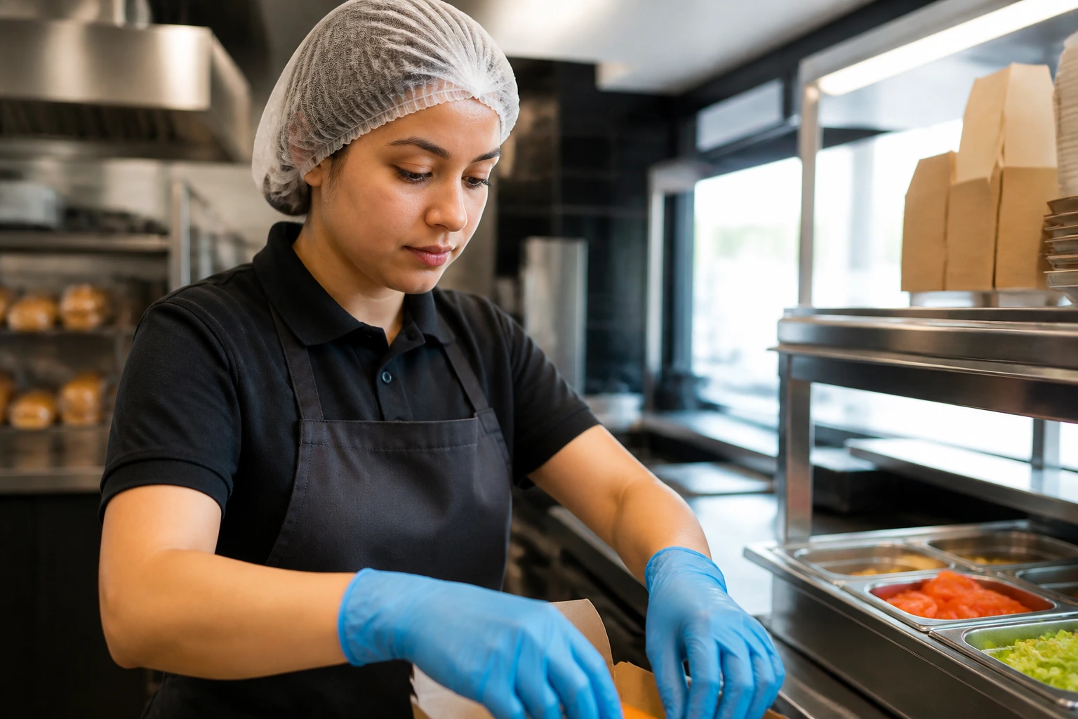 Fast-food worker in clean kitchen emphasizing safety and readiness