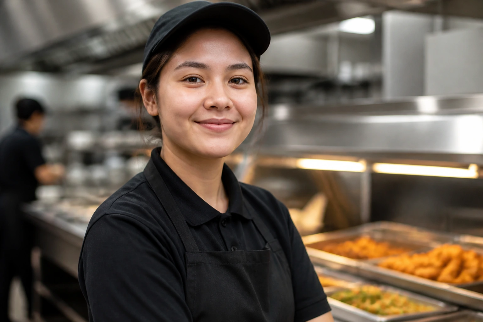 Portrait of a young food-service worker in uniform in a Canadian kitchen, looking hopeful