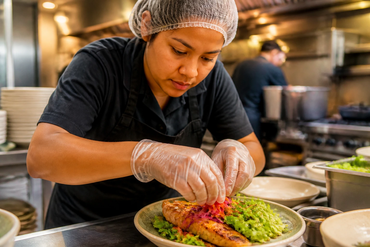 Close-up of a food service worker in a busy kitchen