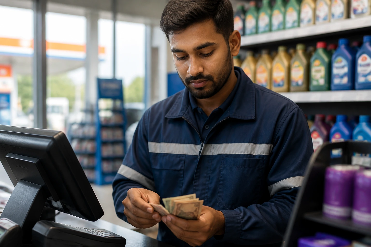 Forecourt worker handling cash at till with stock in view