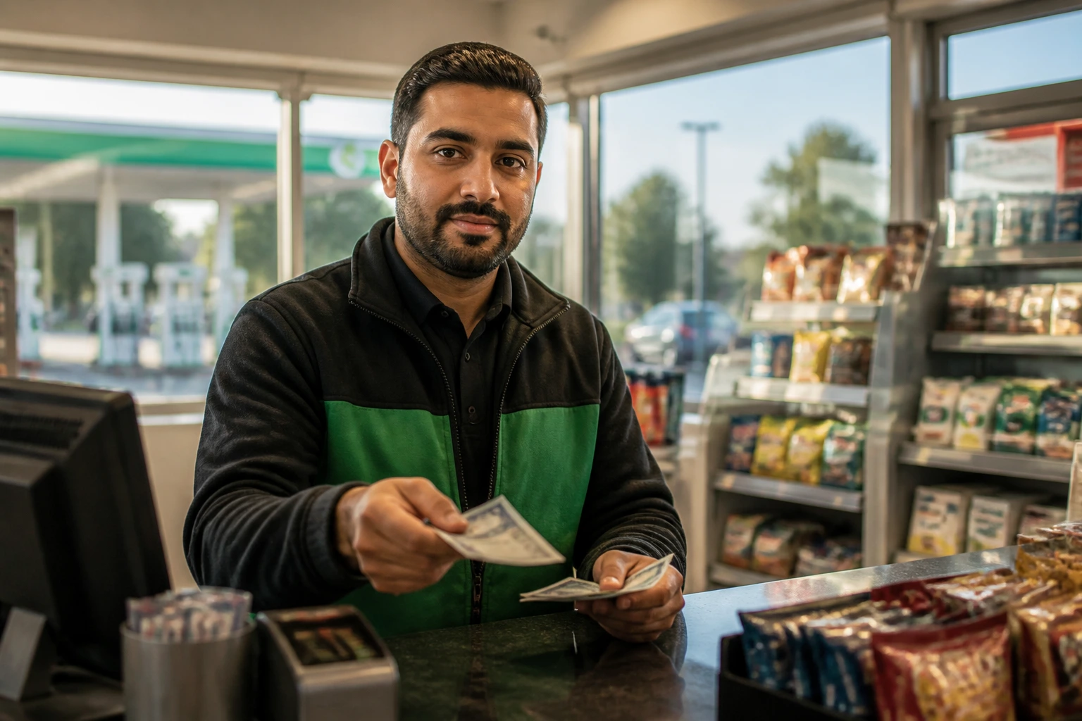 Experienced forecourt attendant handling cash during a morning shift, emphasizing practical abilities over formal education