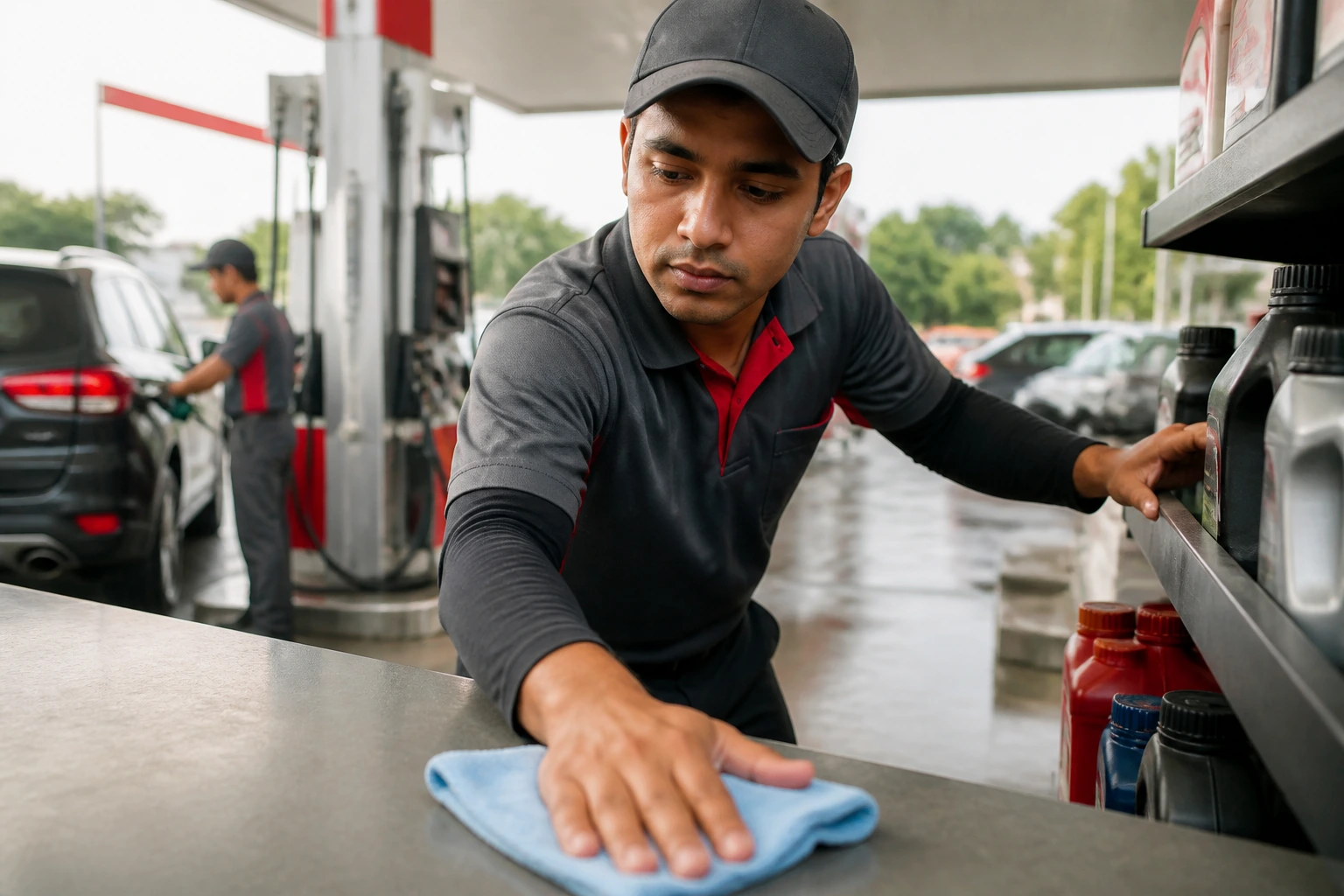 Portrait of a new gas station worker mid-shift showing pace and multitasking