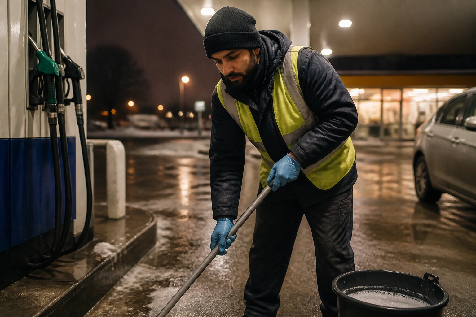 Night-shift forecourt worker performing cleaning duties under dim lighting