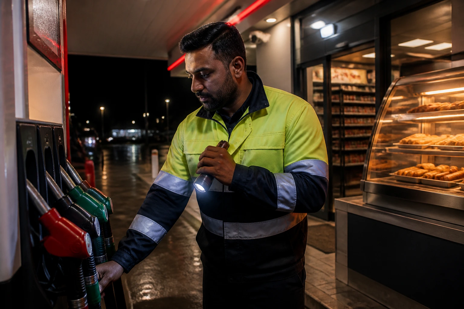 Petrol station attendant on night shift performing safety checks.