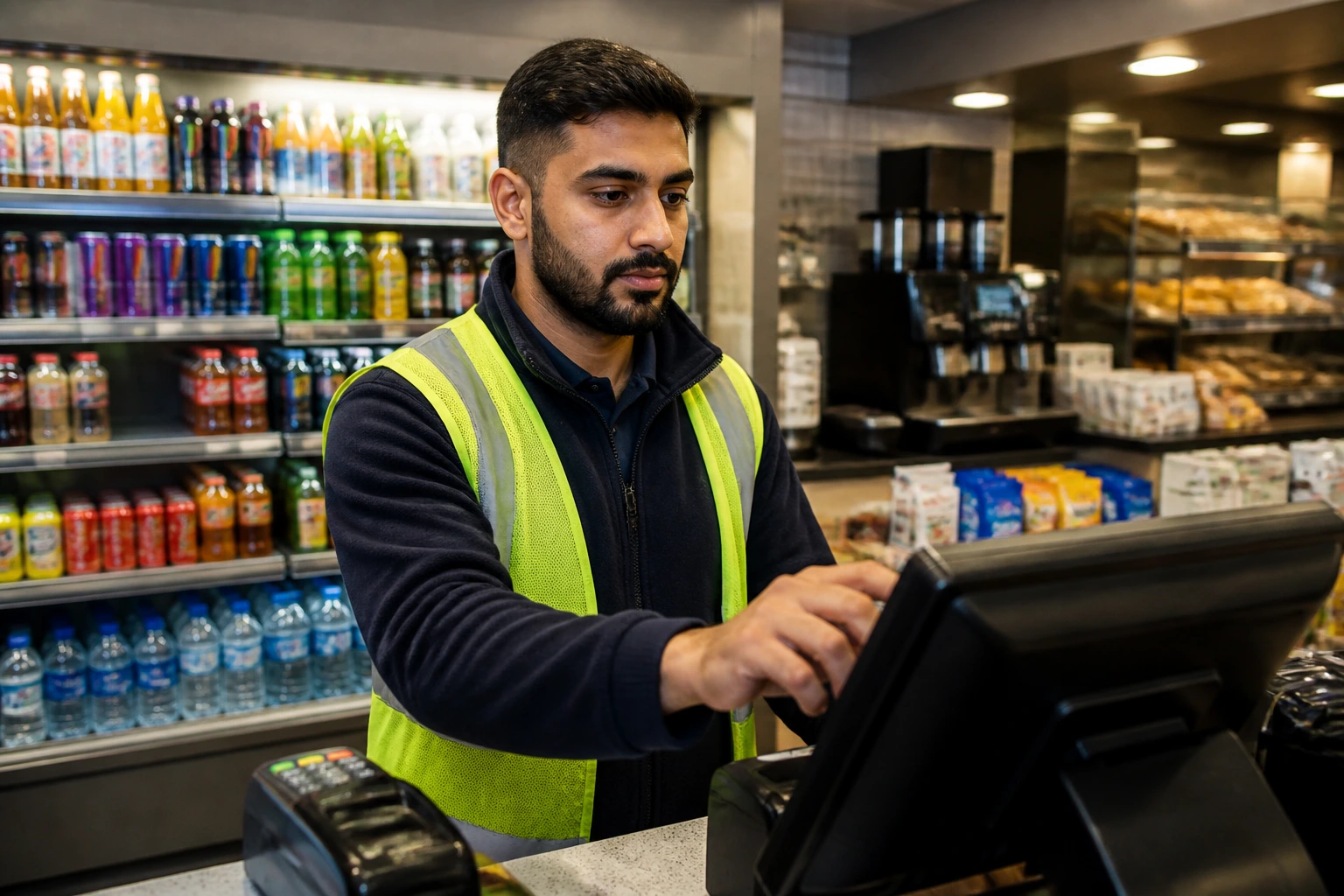 Close-up portrait of a forecourt attendant at the shop counter in a convenience store