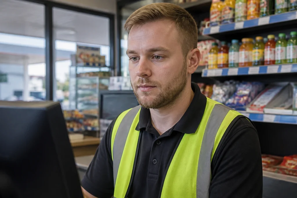 Portrait of a forecourt retail worker in a plain uniform