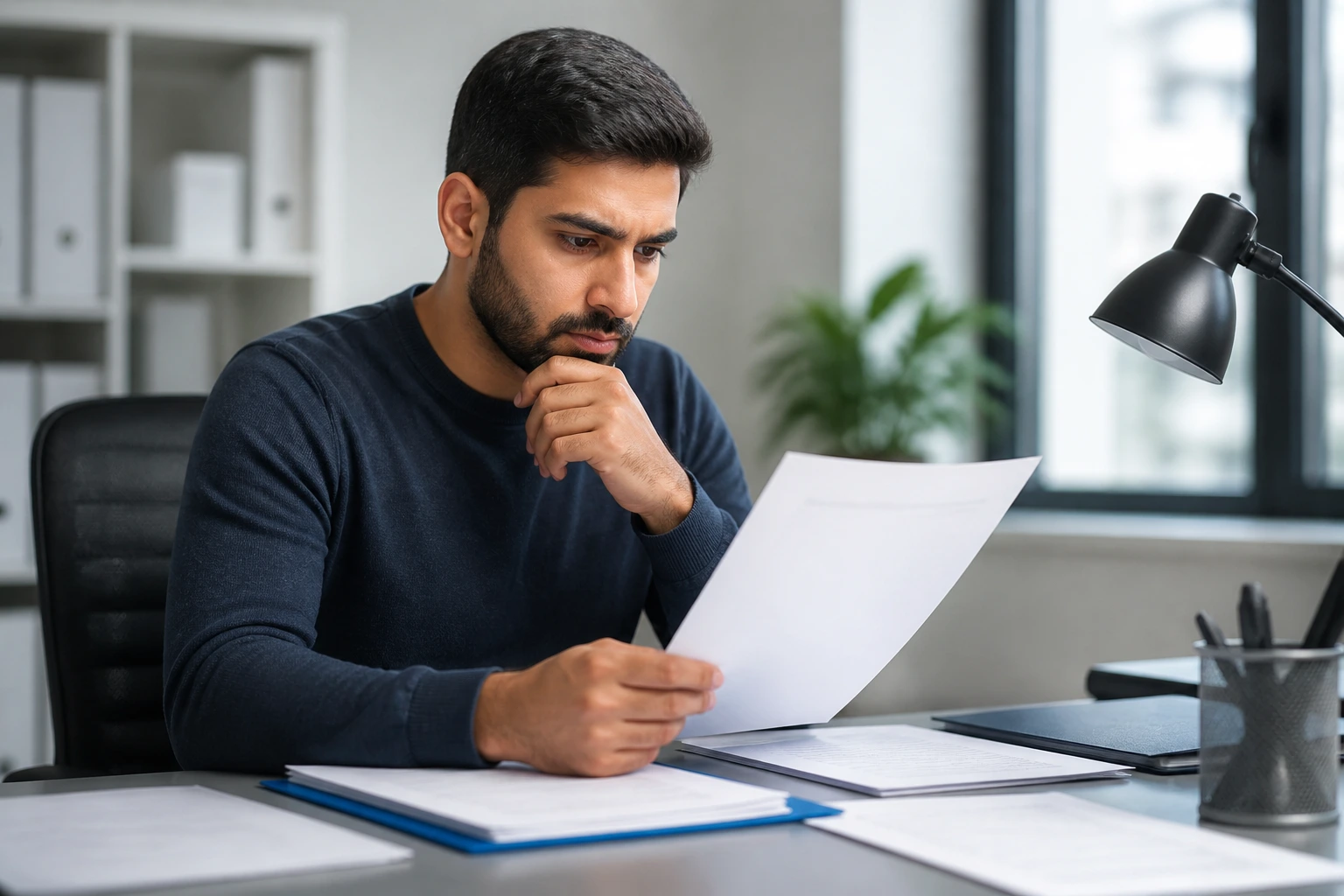 Candidate at desk with documents in an office setting