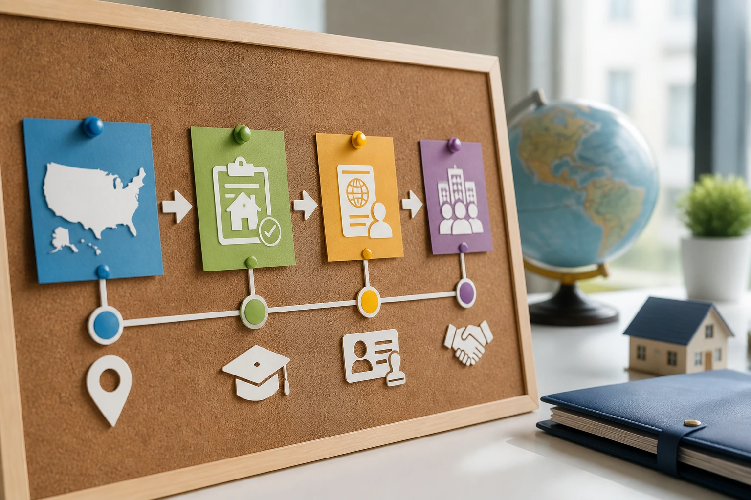 Close-up of a corkboard with pins and abstract symbols forming a plan on a bright desk.