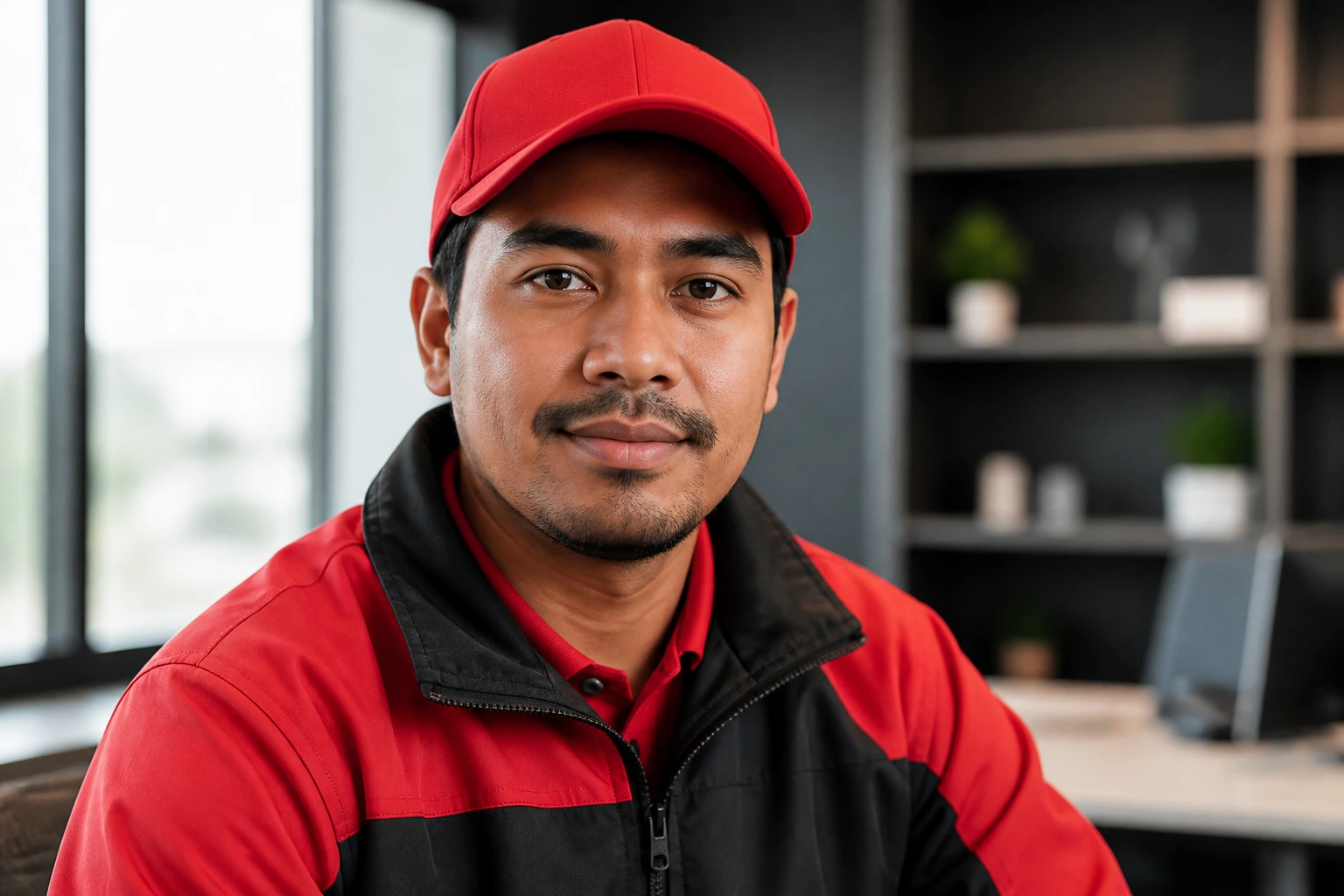 Close-up portrait of a steady foreign delivery driver candidate in uniform