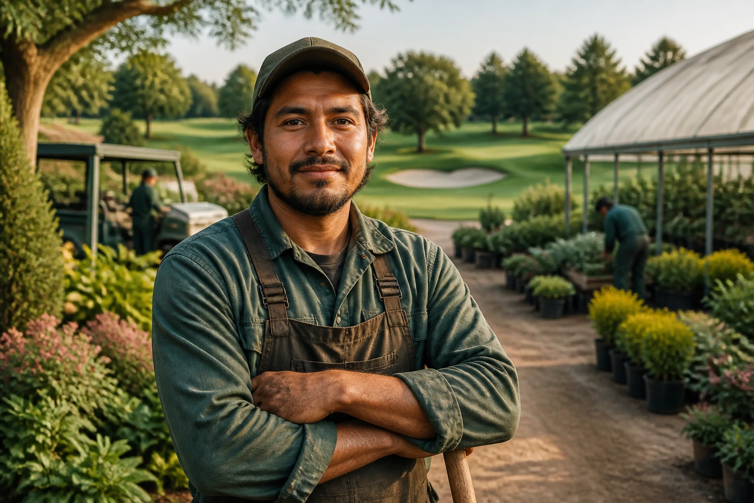 Foreign gardener in work clothes in a garden setting