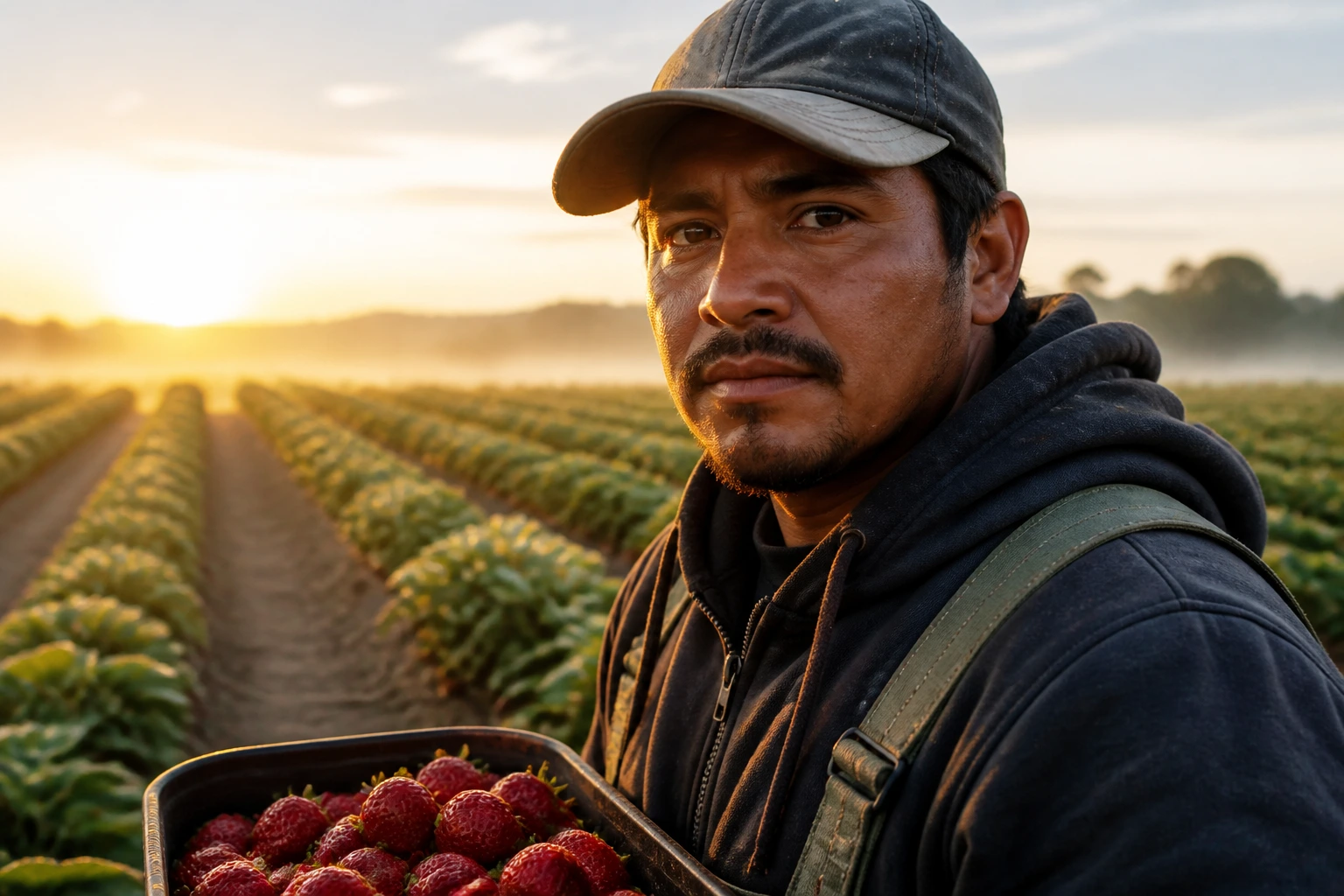 Portrait of a farm worker in a field at dawn.