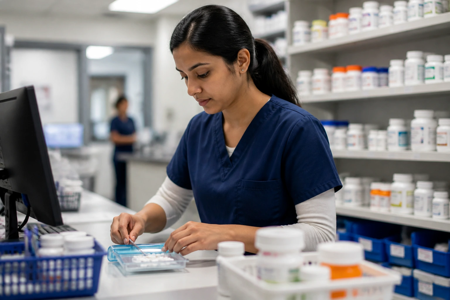 Real pharmacist wearing technician scrubs working in a hospital pharmacy