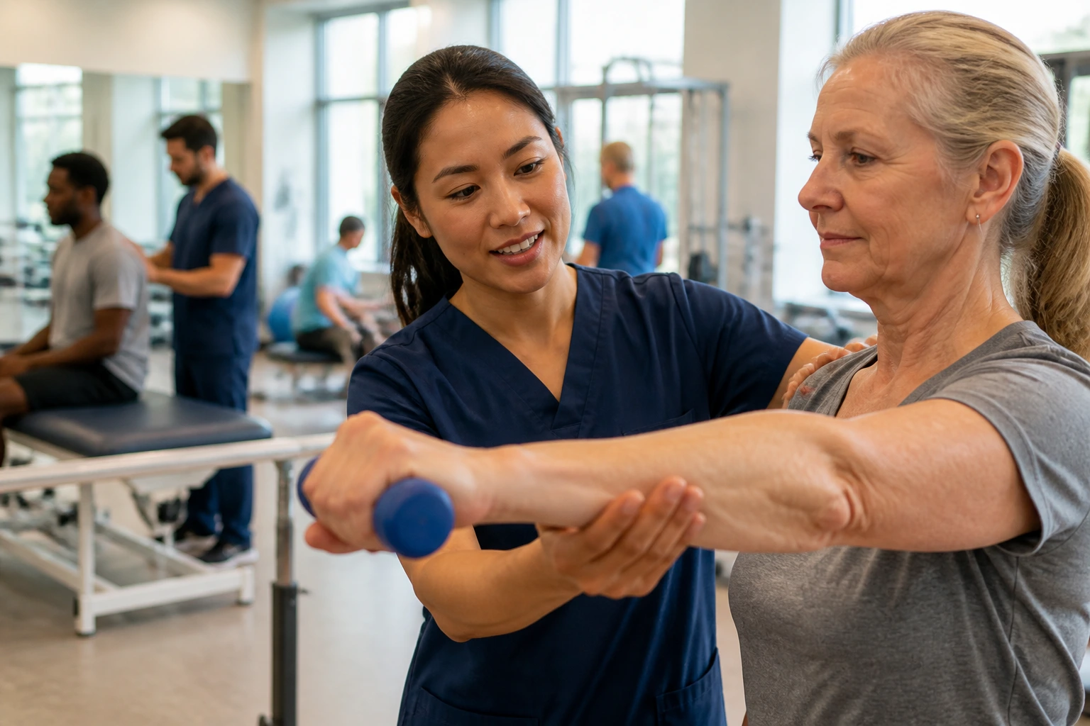 Medium shot of a physical therapist teaching a patient in a modern clinic with warm light