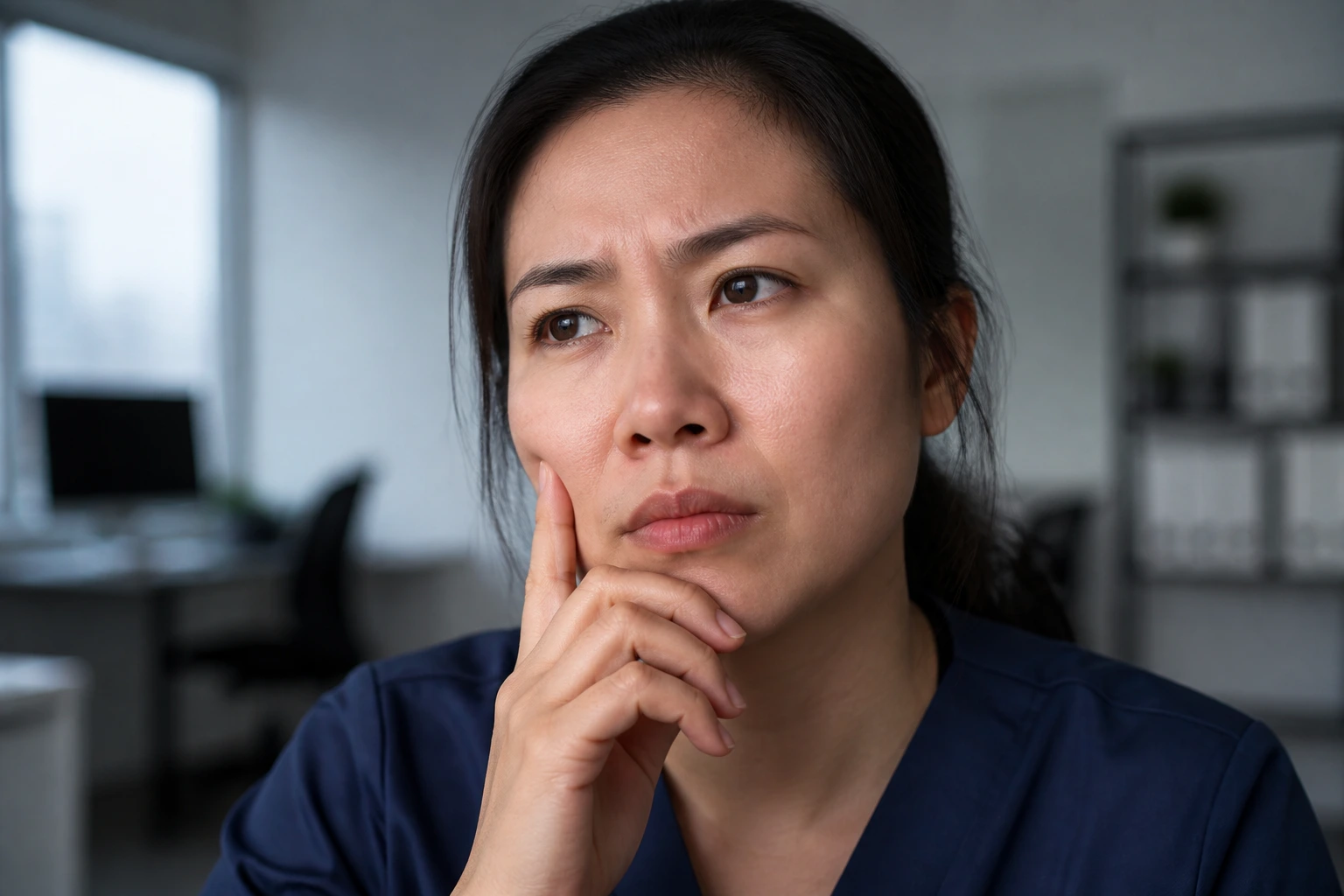 Close-up portrait of a thoughtful person in an office showing misconceptions about sponsorship