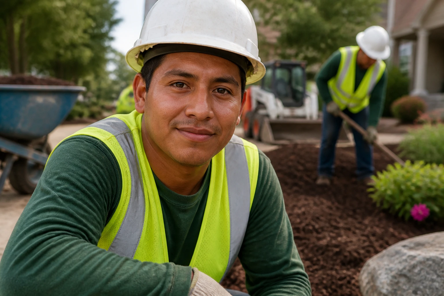Foreign worker on landscaping site in safety gear