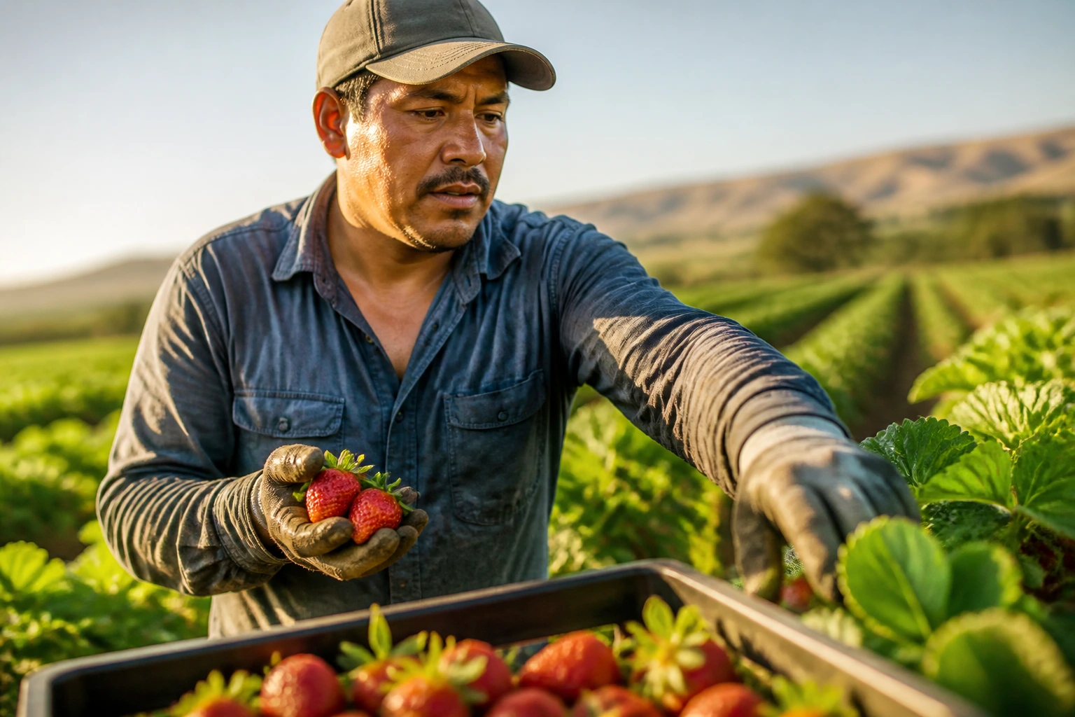 Medium close-up of a farmworker demonstrating stamina in a field