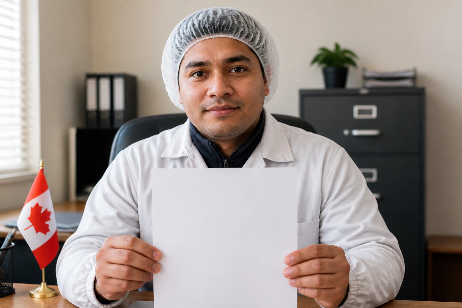 Foreign worker holding a blank contract in an office