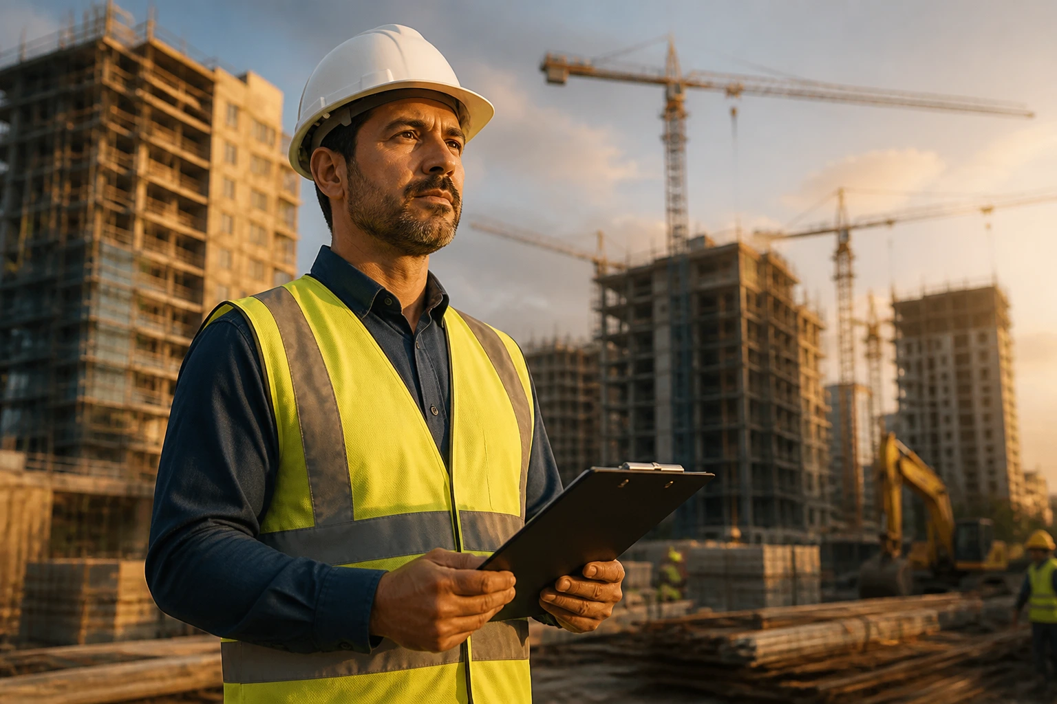 Supervisor on a large construction site wearing hi-vis vest and hard hat