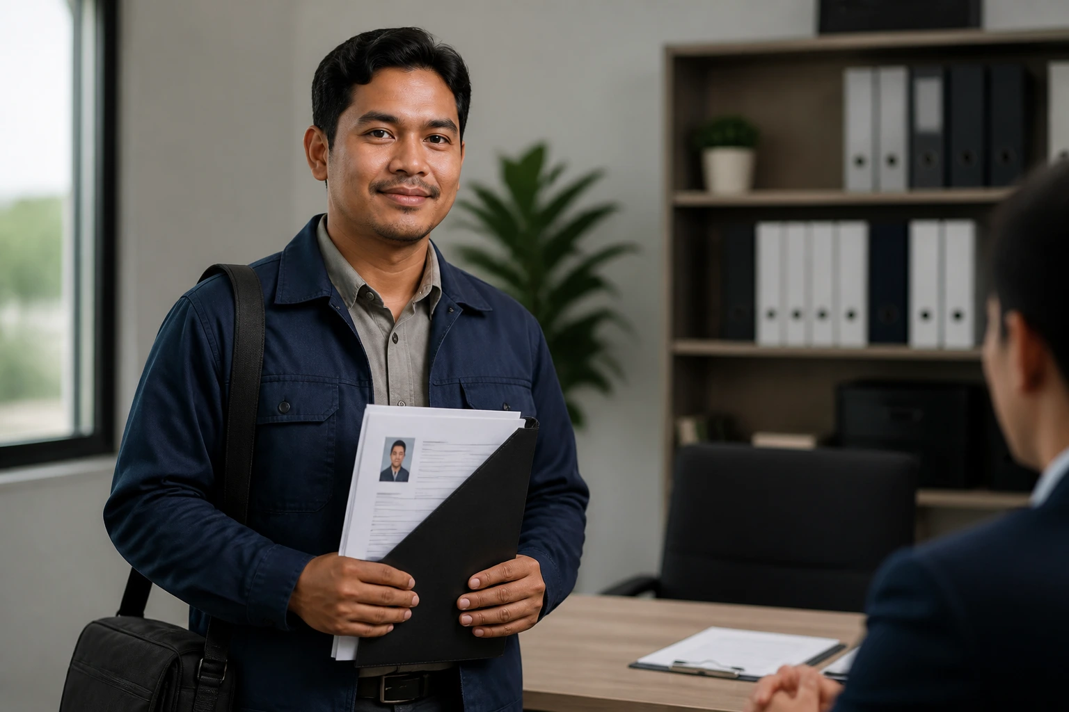 Adult worker in office holding resume folder planning sponsorship applications