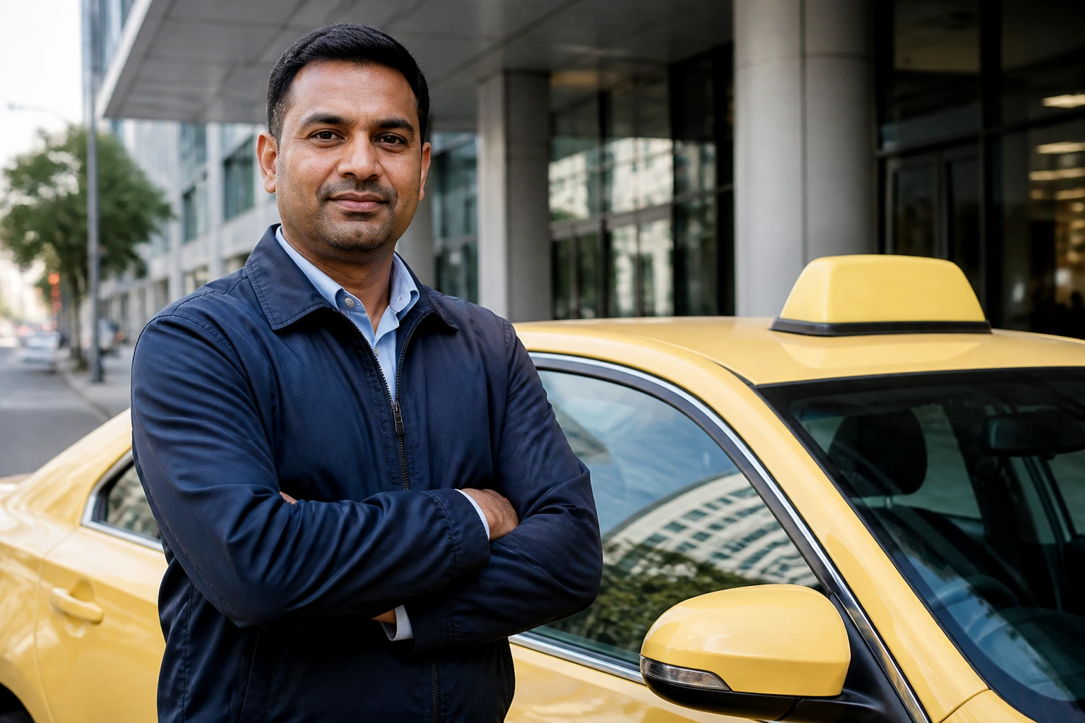 Taxi driver standing beside cab near office building representing job sources