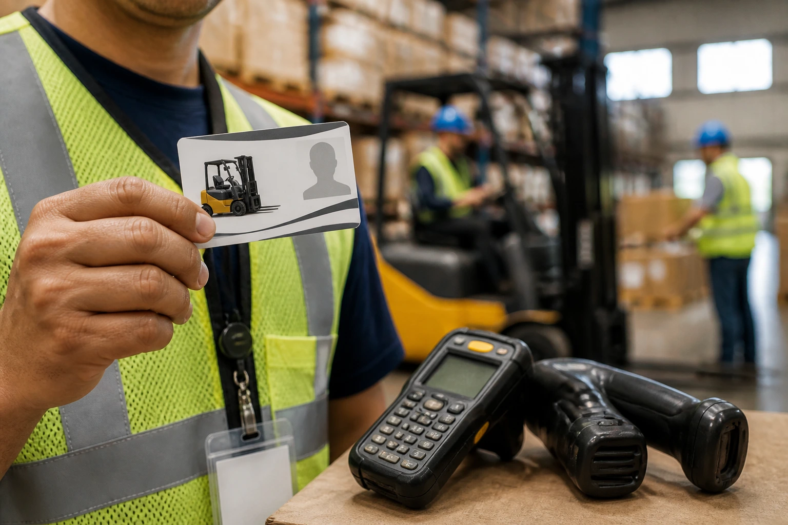 Close-up of forklift certification card held by a worker in a busy warehouse