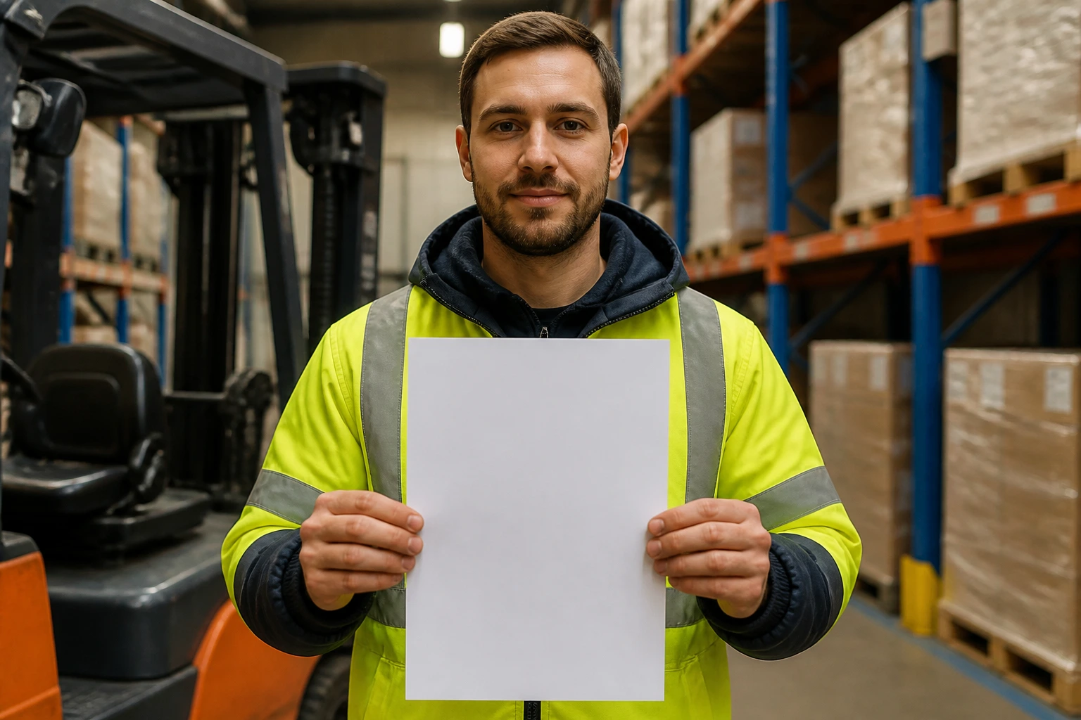 Close-up portrait of a real person holding a blank CV sheet in a warehouse.