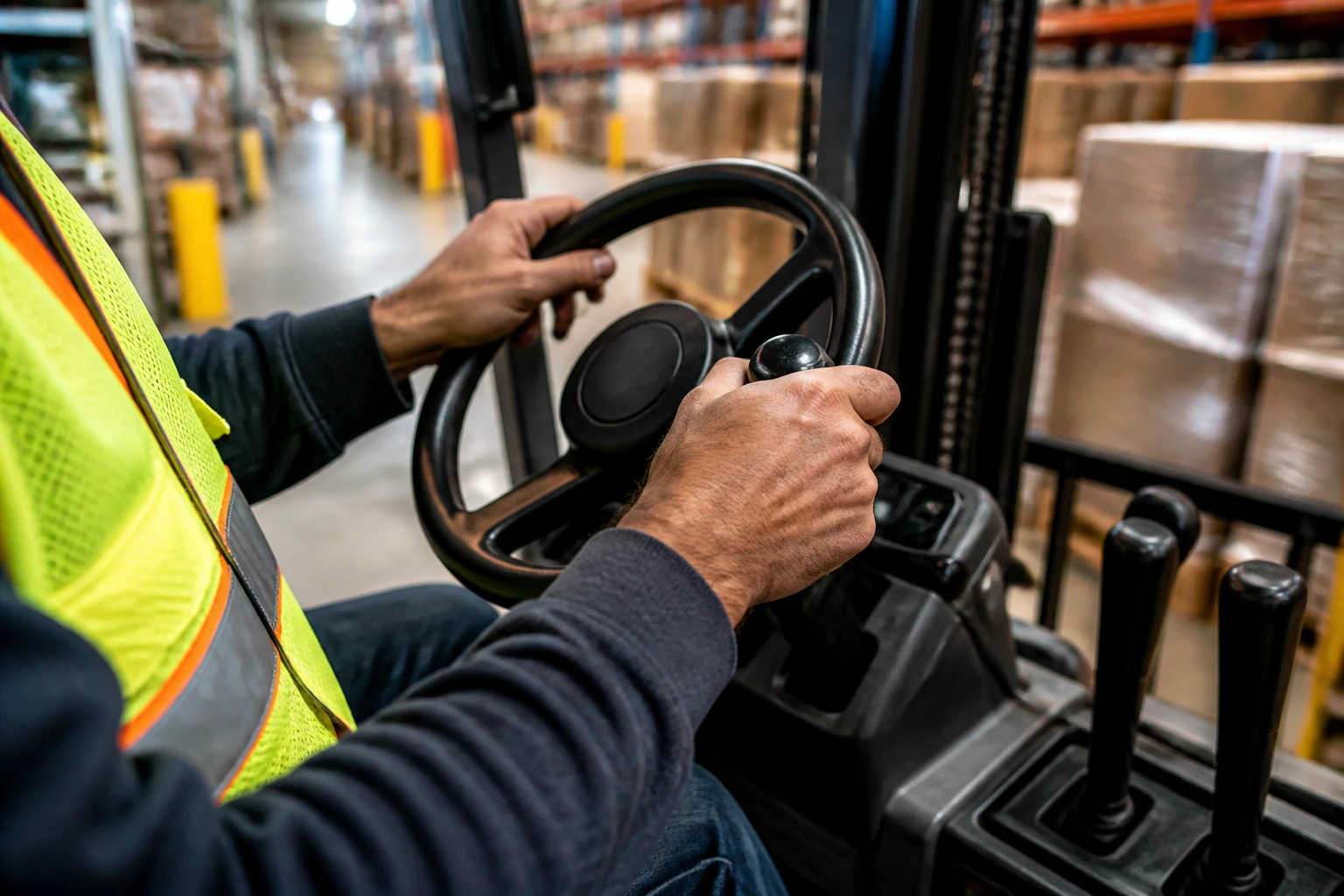 Close-up of forklift operator hands on steering wheel in a busy warehouse, highlighting overtime earnings context