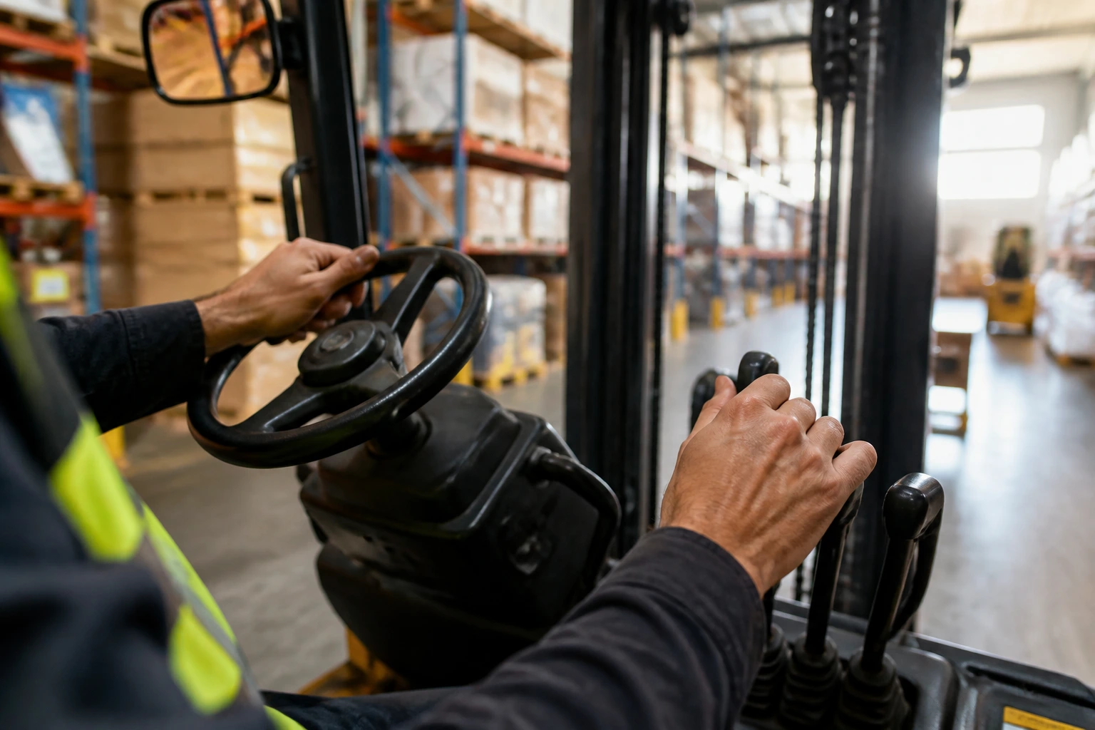 Close-up of a real forklift operator's hands on the controls inside the cabin.