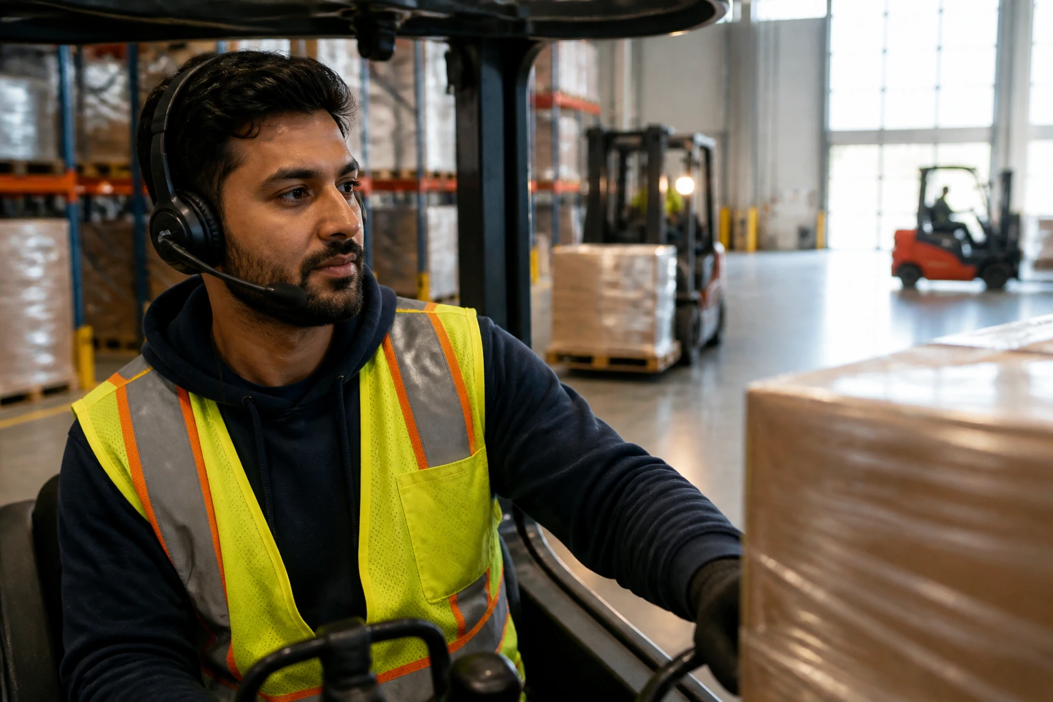Portrait of forklift operator in Canadian warehouse after arrival