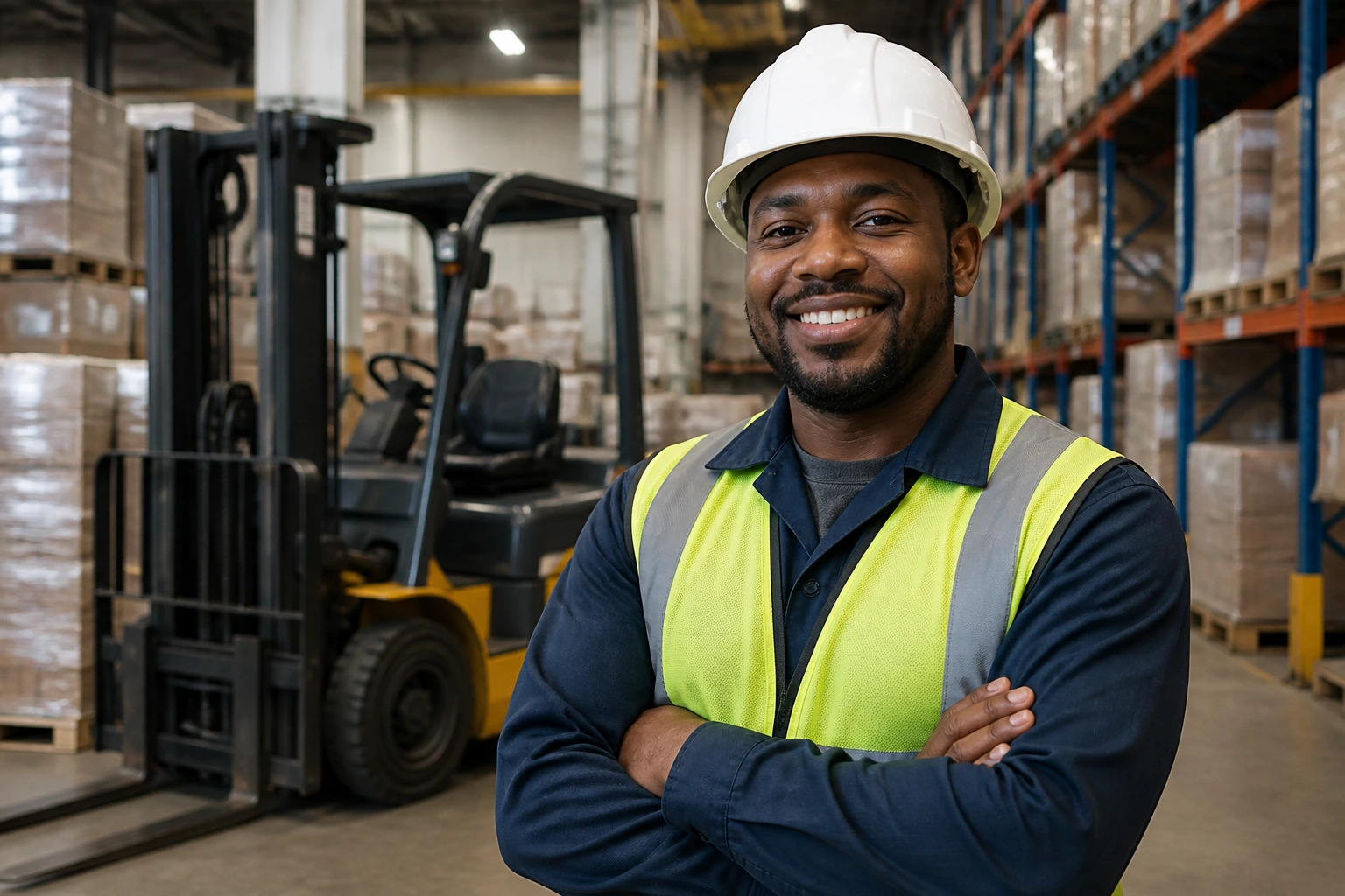Forklift operator in a busy warehouse configured for higher earnings potential