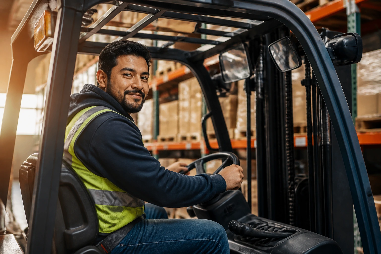 Close-up of a forklift operator in the cab with a warm warehouse backdrop.