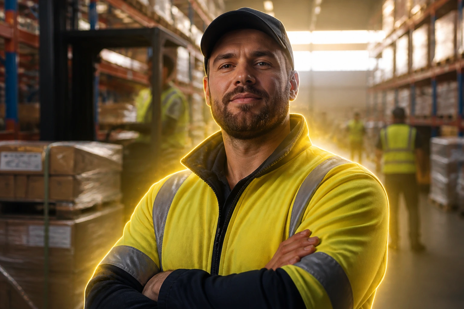 Close-up of a forklift operator in a warehouse with a glow around to imply boosted pay