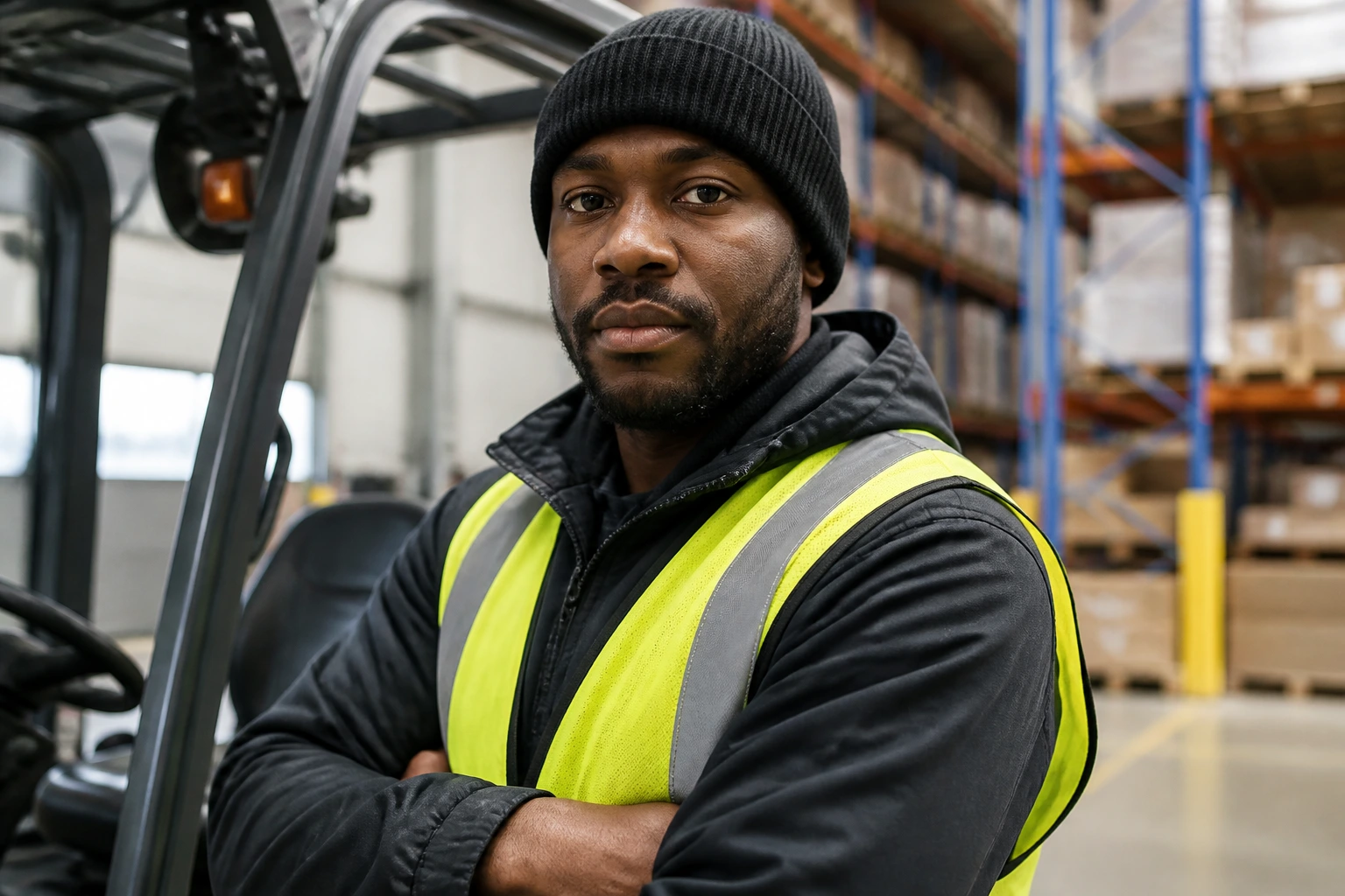 Portrait of forklift operator advancing to supervisory/planning role in UK warehouse.