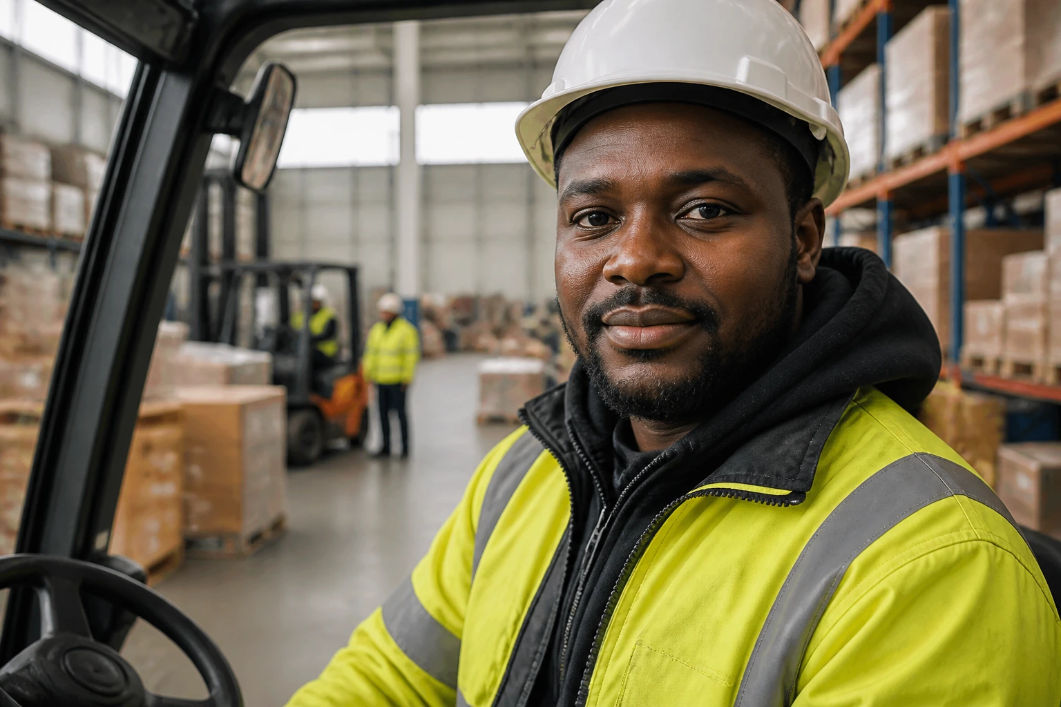 Close-up of forklift operator in safety gear on a UK warehouse floor during initial weeks on site.