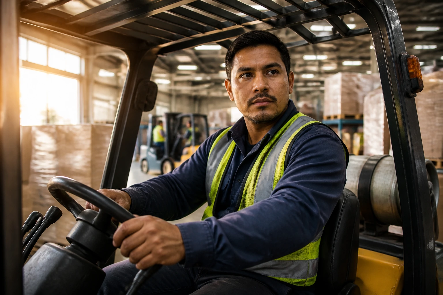 Close-up portrait of a real forklift operator in the cab, ready to move pallets in a busy warehouse.