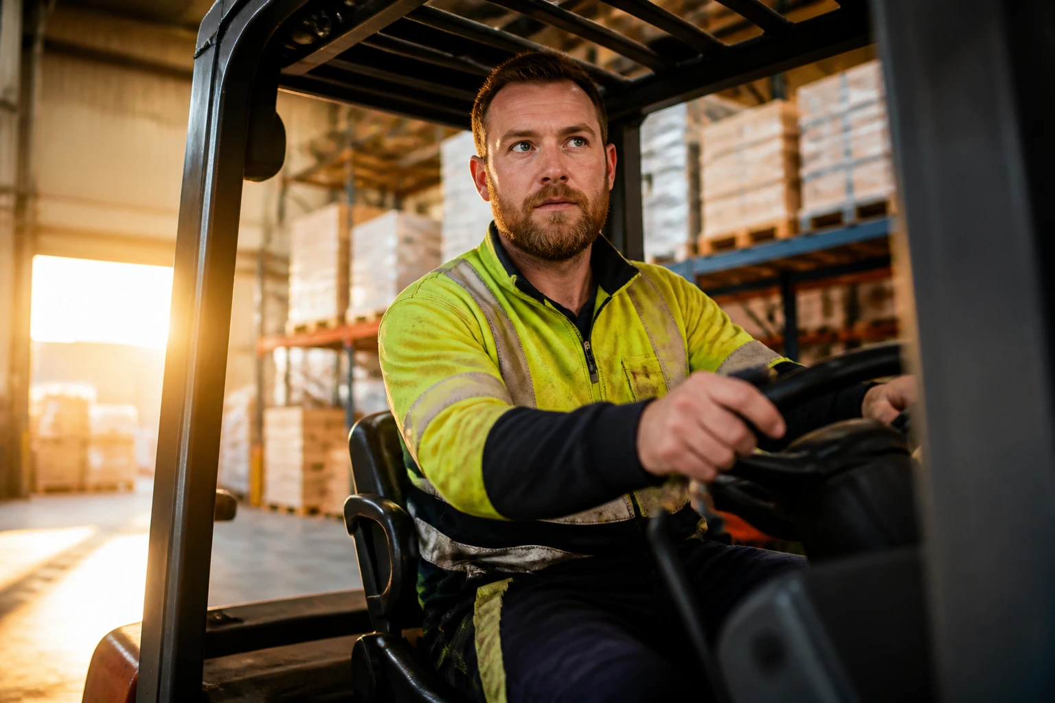 Close-up portrait of a forklift operator in a warehouse cab