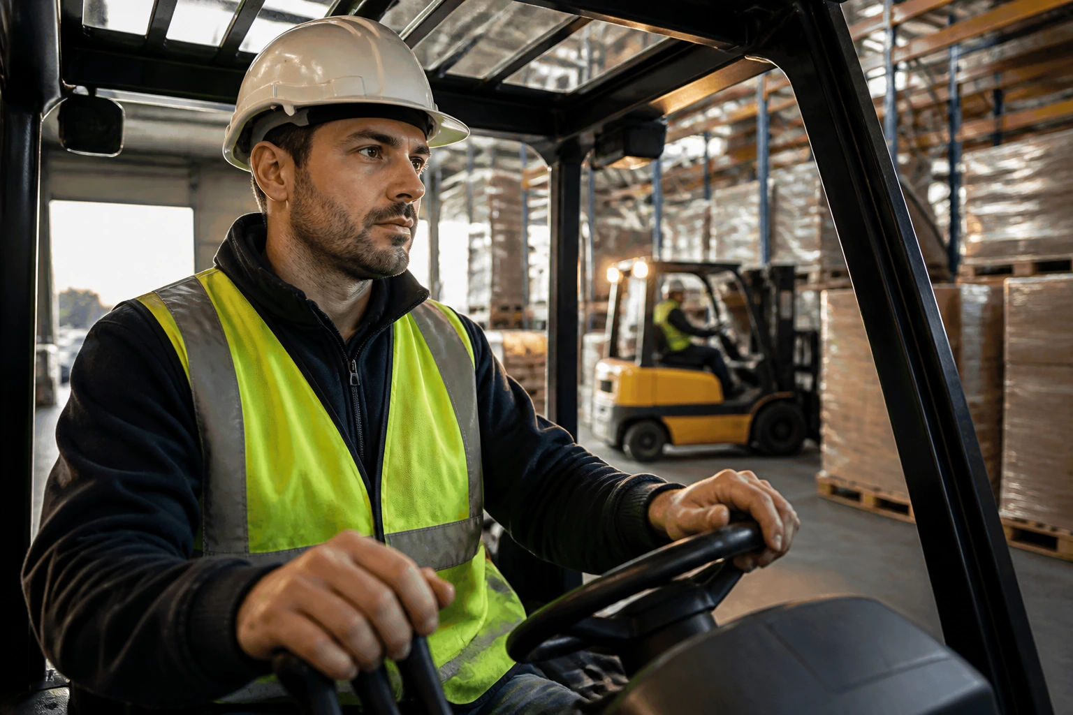 Close-up of forklift operator in hi-vis gear focusing on controls in a busy warehouse